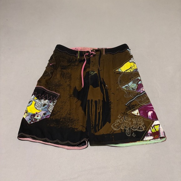 Quiksilver Other - Quiksilver Mens Board Shorts 32x10 Brown Graphic Skull Y2K Surf Swim Trunks